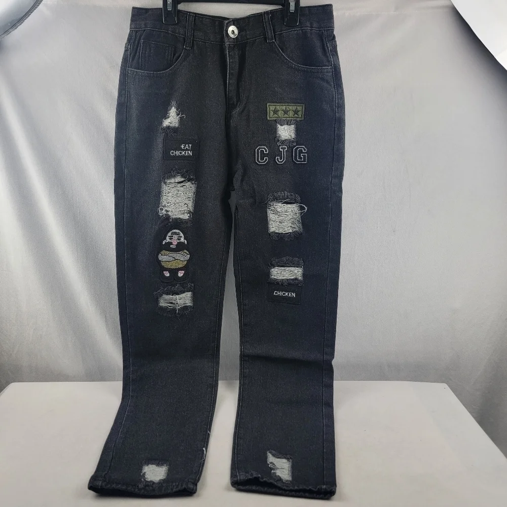 NIB skinny ripped hip hop black denim‎ jeans patches embroidery size Med